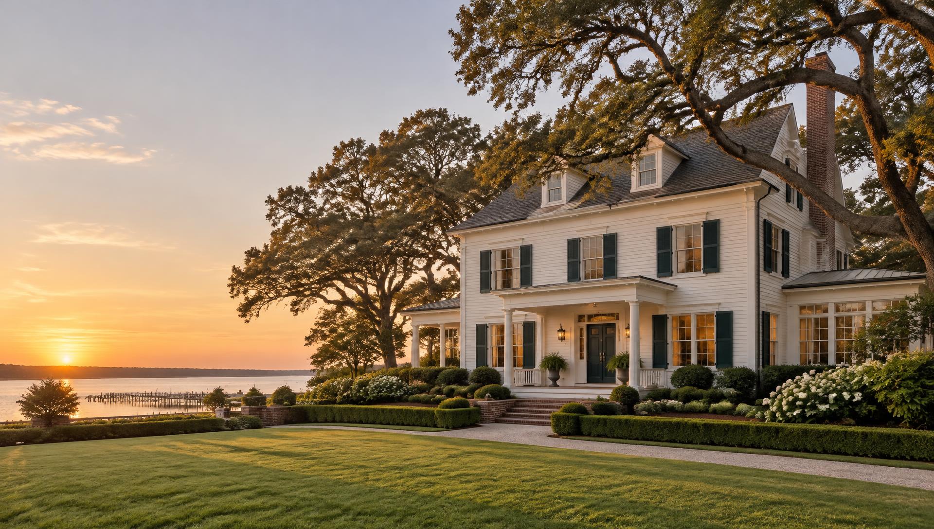 Elegant white coastal Virginia home with green shutters at golden hour